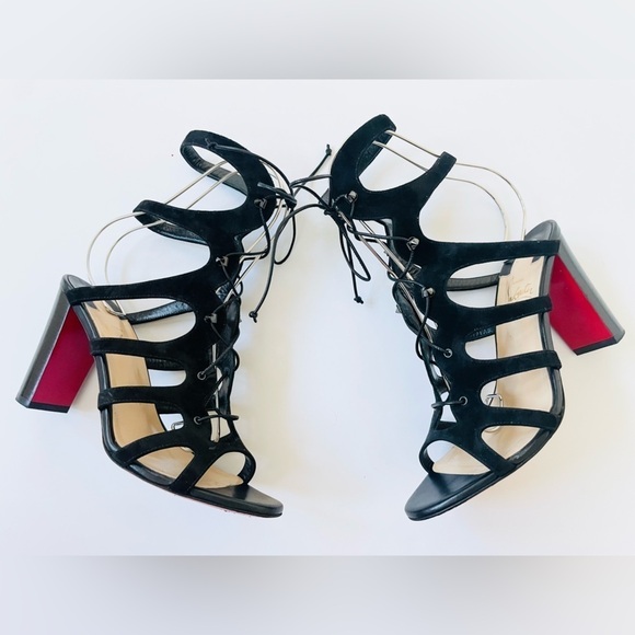 Christian Louboutin Black Suede Leather 85mm Amazoudur Gladiator Sandals EU 38.5 - Picture 2 of 10